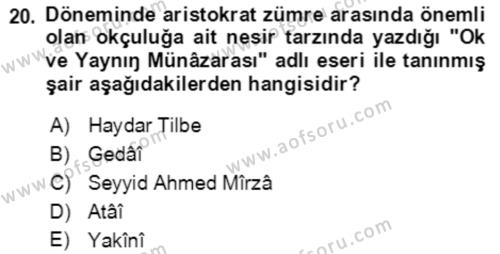 XIV-XV. Yüzyıllar Türk Edebiyatı Dersi 2021 - 2022 Yılı (Vize) Ara Sınavı 20. Soru