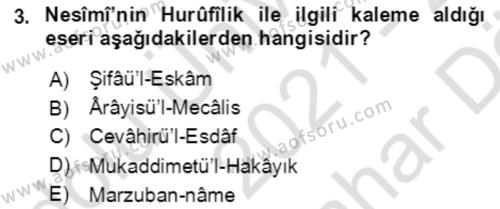 XIV-XV. Yüzyıllar Türk Edebiyatı Dersi 2021 - 2022 Yılı (Vize) Ara Sınavı 3. Soru