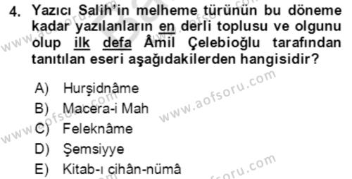 XIV-XV. Yüzyıllar Türk Edebiyatı Dersi 2021 - 2022 Yılı (Final) Dönem Sonu Sınavı 4. Soru