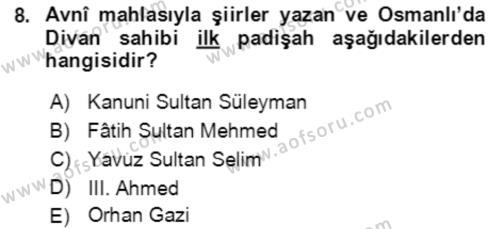 XIV-XV. Yüzyıllar Türk Edebiyatı Dersi 2021 - 2022 Yılı (Final) Dönem Sonu Sınavı 8. Soru