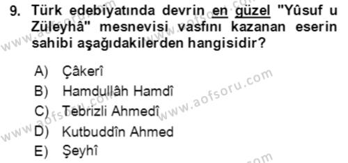 XIV-XV. Yüzyıllar Türk Edebiyatı Dersi 2021 - 2022 Yılı (Final) Dönem Sonu Sınavı 9. Soru