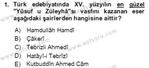 XIV-XV. Yüzyıllar Türk Edebiyatı Dersi 2021 - 2022 Yılı Yaz Okulu Sınavı 1. Soru