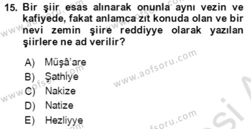 XIV-XV. Yüzyıllar Türk Edebiyatı Dersi 2021 - 2022 Yılı Yaz Okulu Sınavı 15. Soru