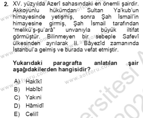 XIV-XV. Yüzyıllar Türk Edebiyatı Dersi 2021 - 2022 Yılı Yaz Okulu Sınavı 2. Soru