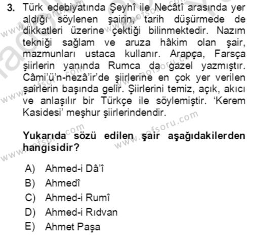 XIV-XV. Yüzyıllar Türk Edebiyatı Dersi 2021 - 2022 Yılı Yaz Okulu Sınavı 3. Soru