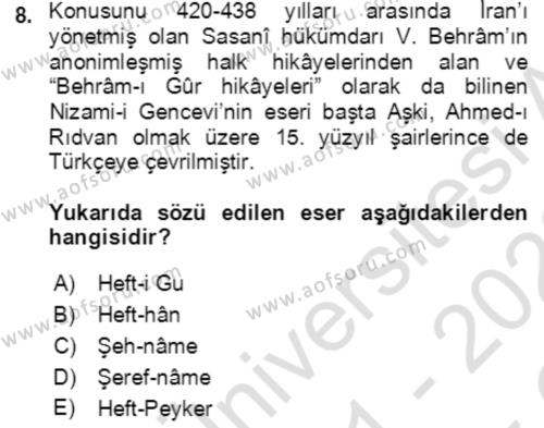 XIV-XV. Yüzyıllar Türk Edebiyatı Dersi 2021 - 2022 Yılı Yaz Okulu Sınavı 8. Soru