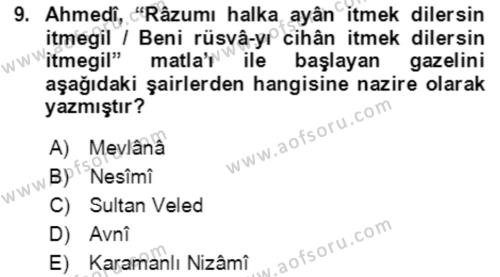 XIV-XV. Yüzyıllar Türk Edebiyatı Dersi 2021 - 2022 Yılı Yaz Okulu Sınavı 9. Soru