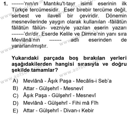 XIV-XV. Yüzyıllar Türk Edebiyatı Dersi 2023 - 2024 Yılı (Vize) Ara Sınavı 1. Soru