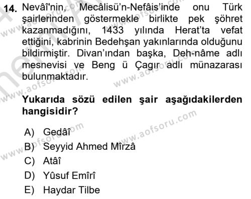 XIV-XV. Yüzyıllar Türk Edebiyatı Dersi 2023 - 2024 Yılı (Vize) Ara Sınavı 14. Soru