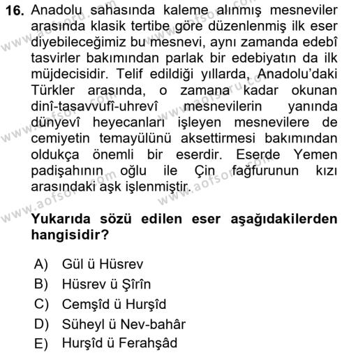 XIV-XV. Yüzyıllar Türk Edebiyatı Dersi 2023 - 2024 Yılı (Vize) Ara Sınavı 16. Soru