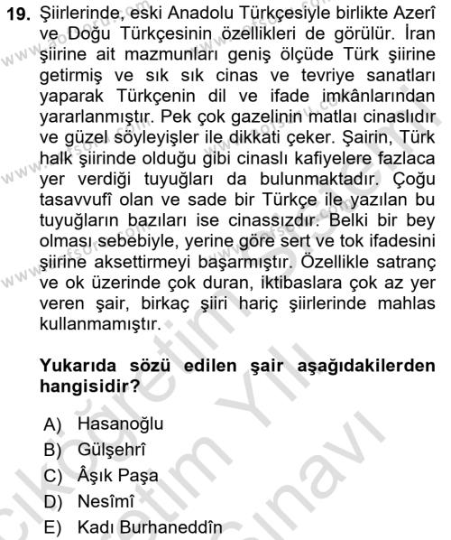 XIV-XV. Yüzyıllar Türk Edebiyatı Dersi 2023 - 2024 Yılı (Vize) Ara Sınavı 19. Soru