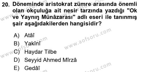 XIV-XV. Yüzyıllar Türk Edebiyatı Dersi 2023 - 2024 Yılı (Vize) Ara Sınavı 20. Soru