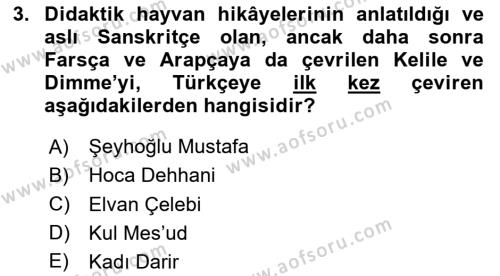 XIV-XV. Yüzyıllar Türk Edebiyatı Dersi 2023 - 2024 Yılı (Vize) Ara Sınavı 3. Soru