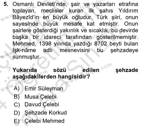 XIV-XV. Yüzyıllar Türk Edebiyatı Dersi 2023 - 2024 Yılı (Vize) Ara Sınavı 5. Soru