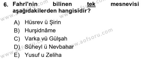 XIV-XV. Yüzyıllar Türk Edebiyatı Dersi 2023 - 2024 Yılı (Vize) Ara Sınavı 6. Soru