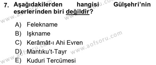 XIV-XV. Yüzyıllar Türk Edebiyatı Dersi 2023 - 2024 Yılı (Vize) Ara Sınavı 7. Soru