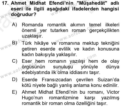 Tanzimat Dönemi Türk Edebiyatı 1 Dersi 2017 - 2018 Yılı (Final) Dönem Sonu Sınavı 17. Soru