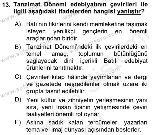 Tanzimat Dönemi Türk Edebiyatı 1 Dersi 2018 - 2019 Yılı (Vize) Ara Sınavı 13. Soru