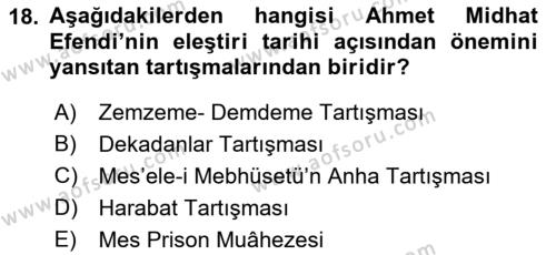 Tanzimat Dönemi Türk Edebiyatı 1 Dersi 2018 - 2019 Yılı (Final) Dönem Sonu Sınavı 18. Soru