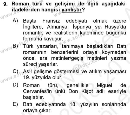 Tanzimat Dönemi Türk Edebiyatı 1 Dersi 2018 - 2019 Yılı (Final) Dönem Sonu Sınavı 9. Soru