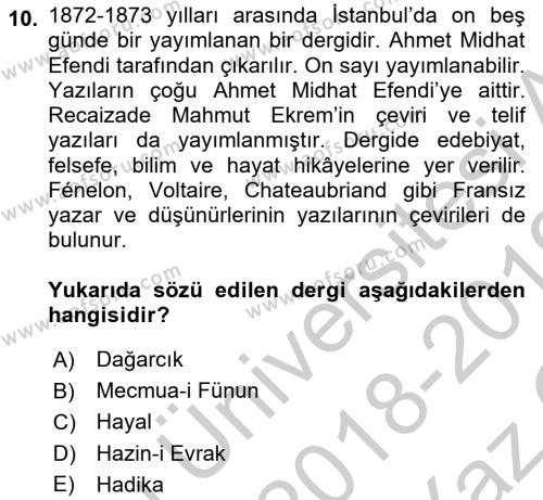 Tanzimat Dönemi Türk Edebiyatı 1 Dersi 2018 - 2019 Yılı Yaz Okulu Sınavı 10. Soru