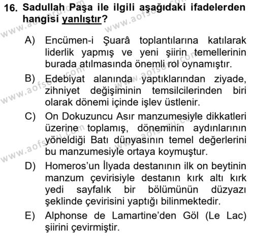 Tanzimat Dönemi Türk Edebiyatı 1 Dersi 2018 - 2019 Yılı Yaz Okulu Sınavı 16. Soru