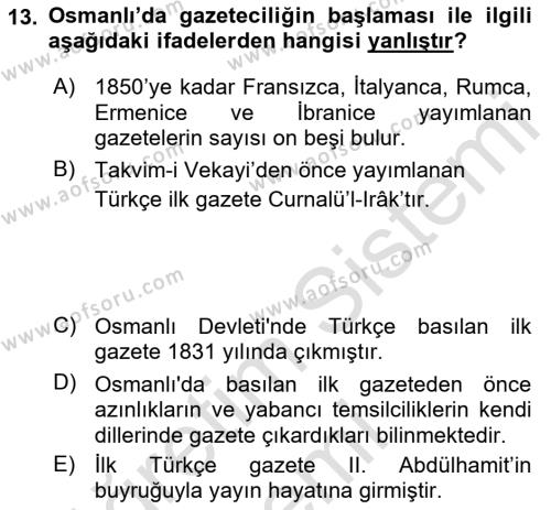 Tanzimat Dönemi Türk Edebiyatı 1 Dersi 2019 - 2020 Yılı (Vize) Ara Sınavı 13. Soru