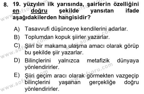 Tanzimat Dönemi Türk Edebiyatı 1 Dersi 2019 - 2020 Yılı (Vize) Ara Sınavı 8. Soru