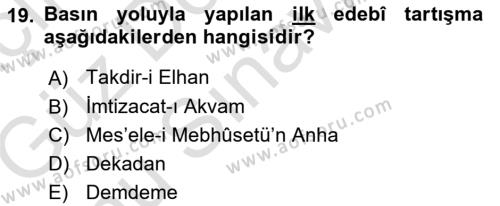 Tanzimat Dönemi Türk Edebiyatı 1 Dersi 2019 - 2020 Yılı (Final) Dönem Sonu Sınavı 19. Soru