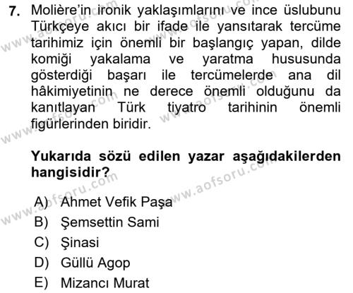 Tanzimat Dönemi Türk Edebiyatı 1 Dersi 2019 - 2020 Yılı (Final) Dönem Sonu Sınavı 7. Soru