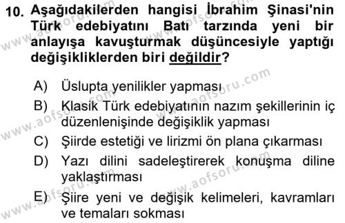 Tanzimat Dönemi Türk Edebiyatı 1 Dersi 2020 - 2021 Yılı Yaz Okulu Sınavı 10. Soru