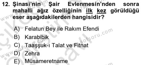 Tanzimat Dönemi Türk Edebiyatı 1 Dersi 2020 - 2021 Yılı Yaz Okulu Sınavı 12. Soru