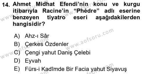 Tanzimat Dönemi Türk Edebiyatı 1 Dersi 2020 - 2021 Yılı Yaz Okulu Sınavı 14. Soru