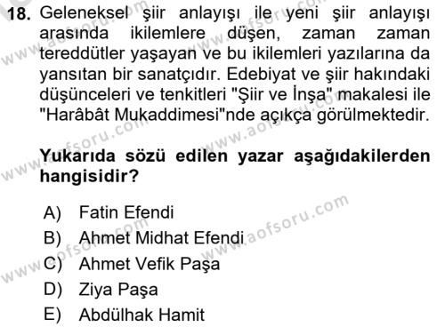 Tanzimat Dönemi Türk Edebiyatı 1 Dersi 2020 - 2021 Yılı Yaz Okulu Sınavı 18. Soru