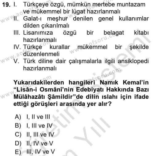 Tanzimat Dönemi Türk Edebiyatı 1 Dersi 2020 - 2021 Yılı Yaz Okulu Sınavı 19. Soru