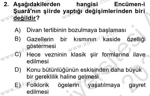Tanzimat Dönemi Türk Edebiyatı 1 Dersi 2020 - 2021 Yılı Yaz Okulu Sınavı 2. Soru