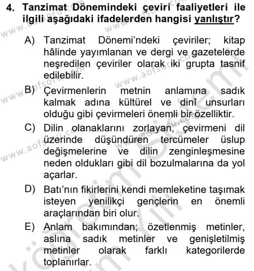 Tanzimat Dönemi Türk Edebiyatı 1 Dersi 2020 - 2021 Yılı Yaz Okulu Sınavı 4. Soru