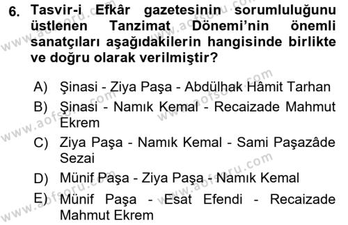 Tanzimat Dönemi Türk Edebiyatı 1 Dersi 2020 - 2021 Yılı Yaz Okulu Sınavı 6. Soru