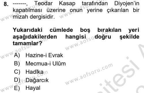 Tanzimat Dönemi Türk Edebiyatı 1 Dersi 2020 - 2021 Yılı Yaz Okulu Sınavı 8. Soru