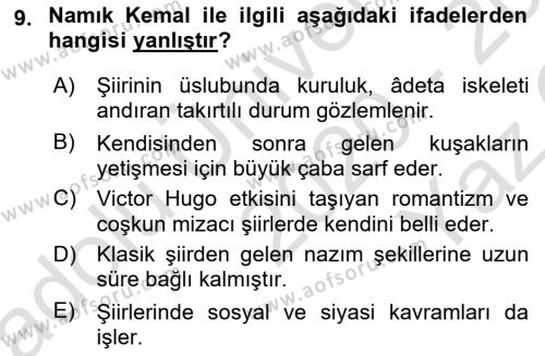 Tanzimat Dönemi Türk Edebiyatı 1 Dersi 2020 - 2021 Yılı Yaz Okulu Sınavı 9. Soru