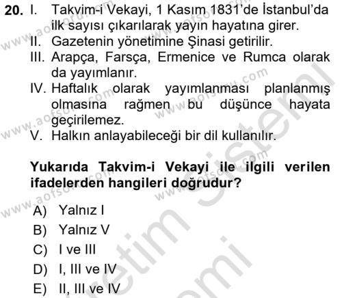 Tanzimat Dönemi Türk Edebiyatı 1 Dersi 2021 - 2022 Yılı (Vize) Ara Sınavı 20. Soru