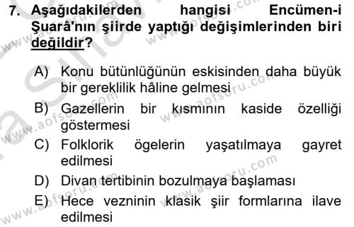 Tanzimat Dönemi Türk Edebiyatı 1 Dersi 2021 - 2022 Yılı (Vize) Ara Sınavı 7. Soru