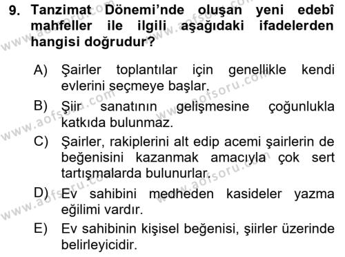 Tanzimat Dönemi Türk Edebiyatı 1 Dersi 2021 - 2022 Yılı (Vize) Ara Sınavı 9. Soru
