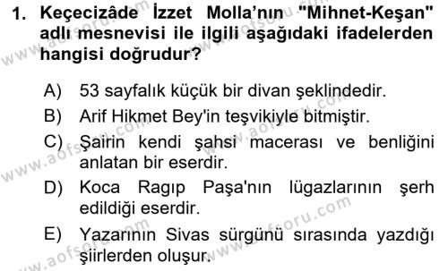 Tanzimat Dönemi Türk Edebiyatı 1 Dersi 2021 - 2022 Yılı (Final) Dönem Sonu Sınavı 1. Soru