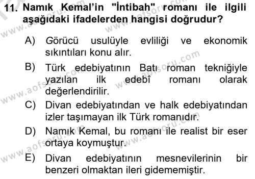 Tanzimat Dönemi Türk Edebiyatı 1 Dersi 2021 - 2022 Yılı (Final) Dönem Sonu Sınavı 11. Soru