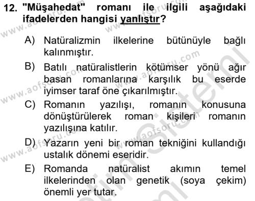 Tanzimat Dönemi Türk Edebiyatı 1 Dersi 2021 - 2022 Yılı (Final) Dönem Sonu Sınavı 12. Soru