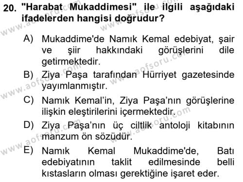 Tanzimat Dönemi Türk Edebiyatı 1 Dersi 2021 - 2022 Yılı (Final) Dönem Sonu Sınavı 20. Soru