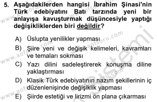 Tanzimat Dönemi Türk Edebiyatı 1 Dersi 2021 - 2022 Yılı (Final) Dönem Sonu Sınavı 5. Soru