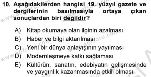 Tanzimat Dönemi Türk Edebiyatı 1 Dersi 2021 - 2022 Yılı Yaz Okulu Sınavı 10. Soru