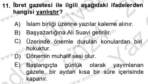 Tanzimat Dönemi Türk Edebiyatı 1 Dersi 2021 - 2022 Yılı Yaz Okulu Sınavı 11. Soru